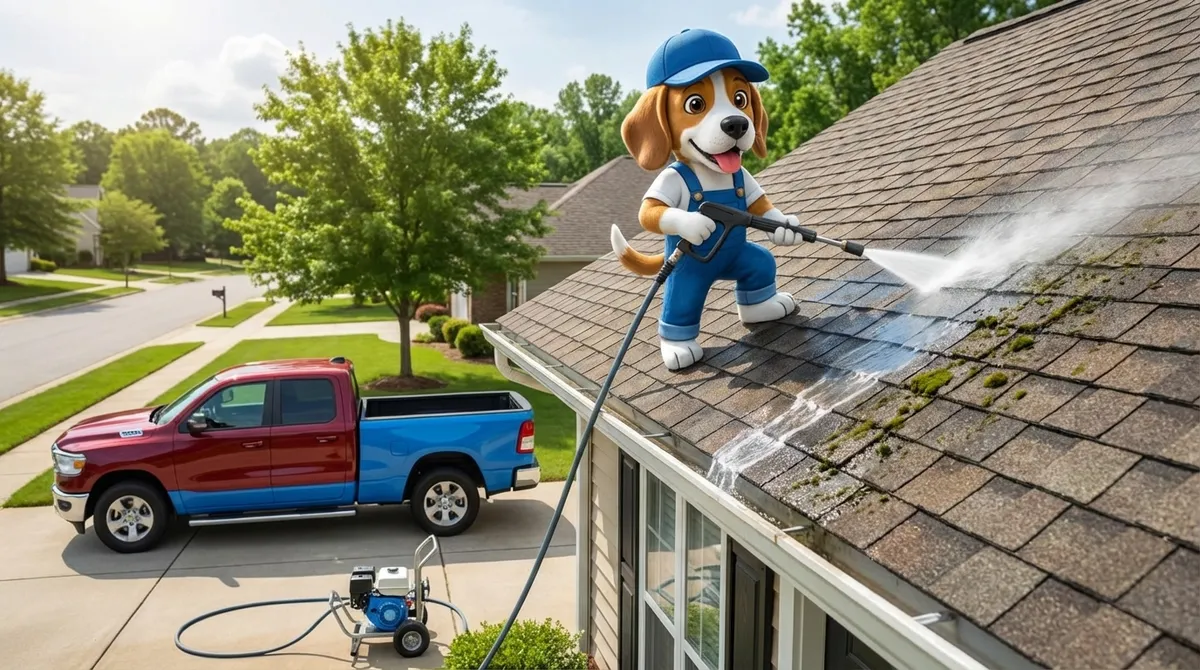 A pressure washer spraying down a roof
