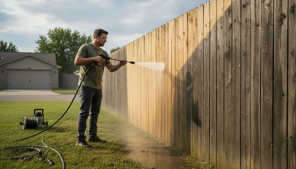 clean fence with pressure washer