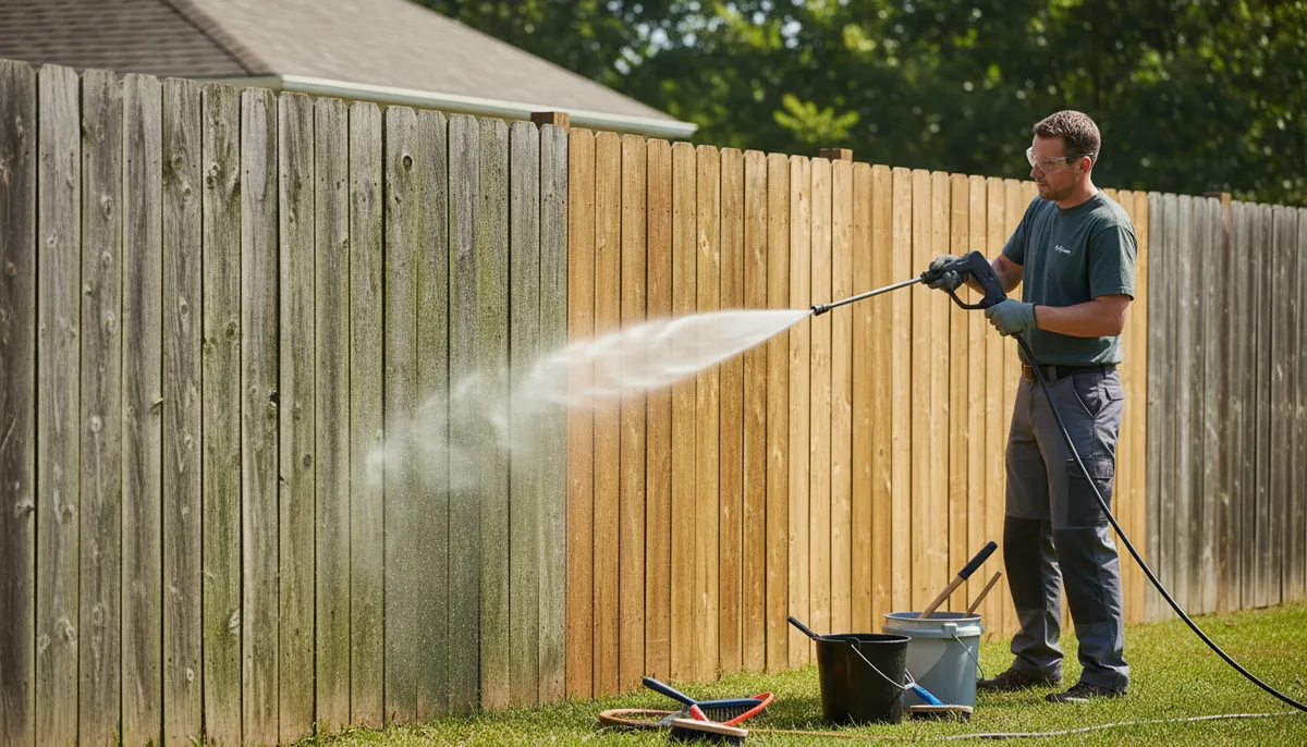clean fence with pressure washer